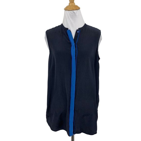 Vince Shirt Womens S Small Blue Black Silk Sleeveless Hidden Buttons Tunic Top - Picture 1 of 13
